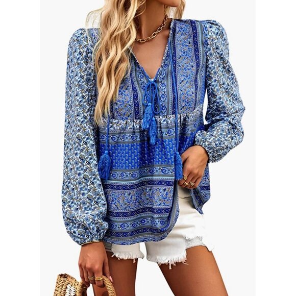 Blue Boho‎ Tassel Floral Printed Tie V-Neck Loose Flowy Long Sleeve Top Blouse - Picture 1 of 6